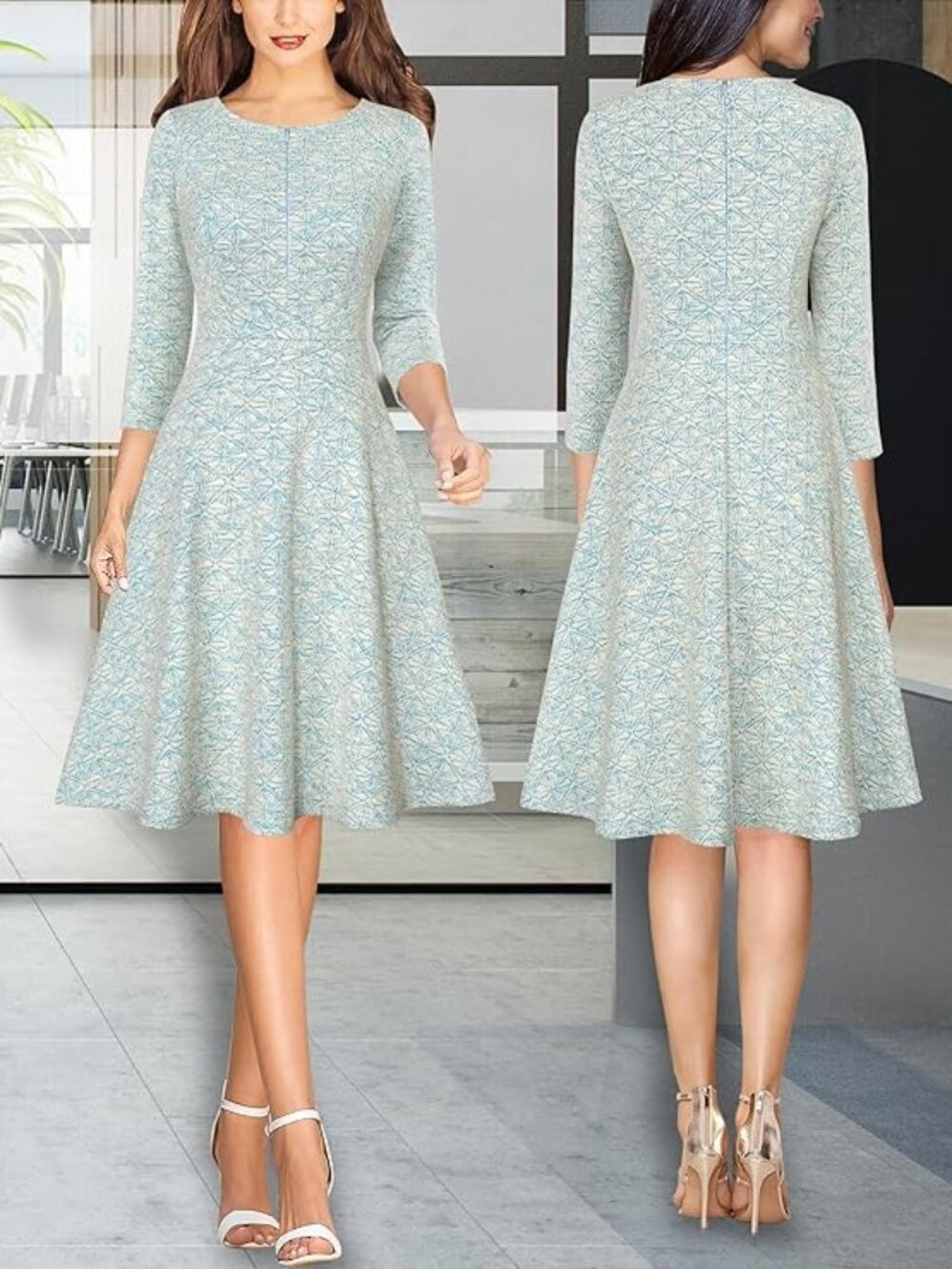 Fit and Flare Skater Front Zipper A-Line Dresses 3/4 Sleeve - Picture 2 of 3